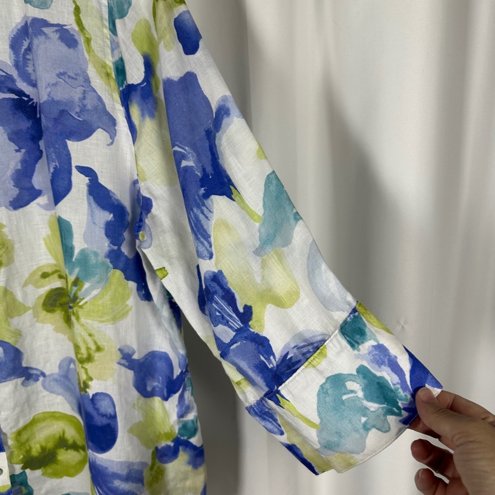 Chico's Blue Green Watercolor Floral No-Iron 100% Linen Button-up 16 XL Artsy - Picture 3 of 8